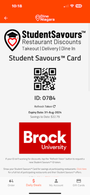 StudentSavours™ Virtual Card in the Dine Niagara App