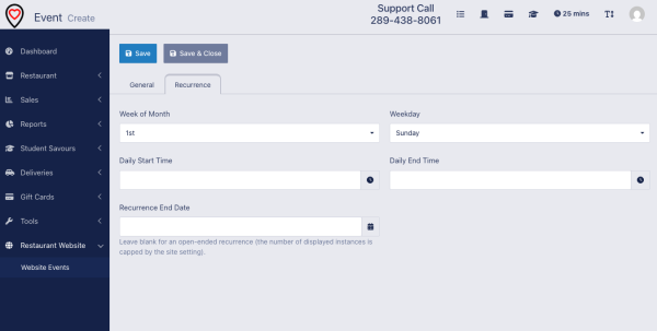 Screenshot of the monthly recurring event detail page for restaurant websites powered by Dine Local