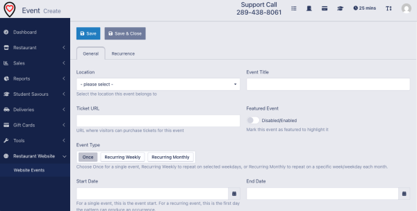 Screenshot of the event details page for restaurant websites powered by Dine Local