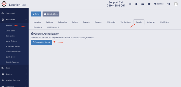 Screenshot of the Google Connection Tab in Restaurant Settings.png